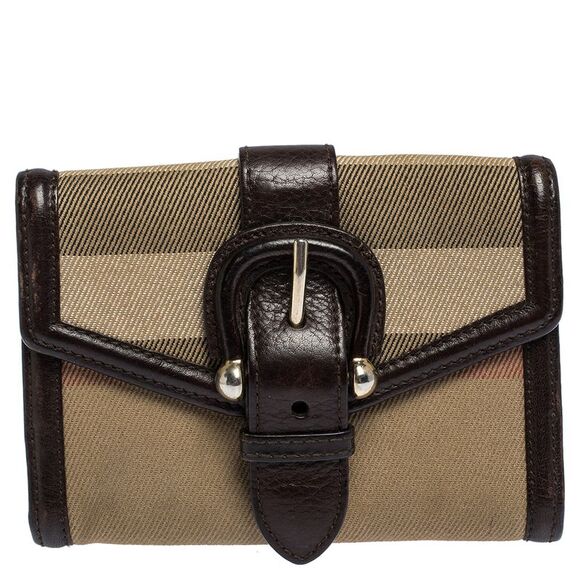 Burberry Brown/Beige Nova Check Canvas and Leather Buckle Compact Wallet - Picture 1 of 4